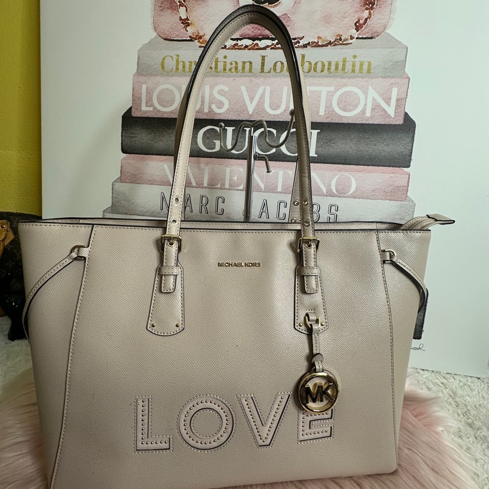 Michael Kore LOVE Beige Extra Large Tote Bag